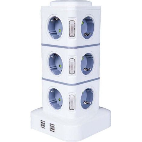 Steckdosenleiste in Turmform, 12 Steckdosen (2500 W / 10 A) mit 4 USB-Anschlüssen, Überspannungsschutz, vertikale Steckdosenleiste für Zuhause und Büro, 3 m Verlängerungskabel (1/5)