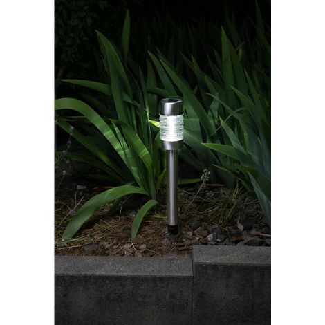 Balise solaire inox 57 cm, verre rainuré, halo lumineux ao sol, à planter ou poser, design moderne (1/5)
