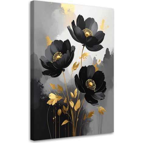 Impression sur Toile, Fleurs botaniques délicates noires,20x30 (1/4)