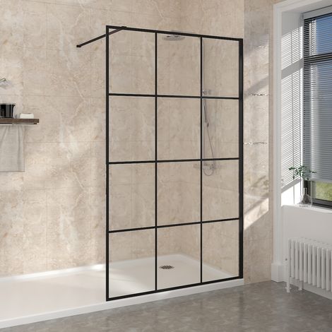 NRG Walk In Wet Room Shower Screen Enclosure Black Grid Glass Cubicle 1200 x 1950mm (1/5)