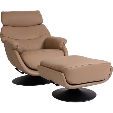 Relaxsessel mit Hocker HHG-356, Fernsehsessel Sessel, Wippfunktion drehbar, Metall Echtleder/Kunstleder taupe