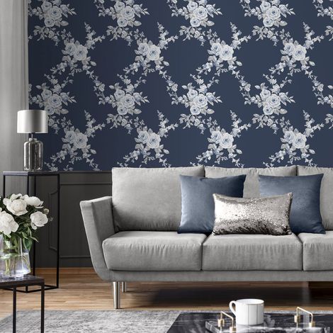 Muriva Catherine Lansfield Canterbury Floral Bouquet Blue Wallpaper (1/4)