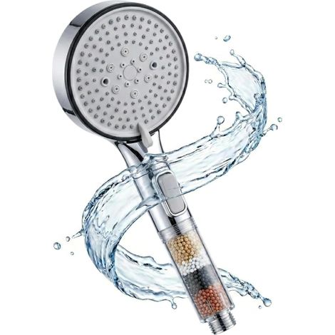 Pommeau de douche anti-calcaire chromé argenté (avec billes minérales), doté de 5 modes de jet et d'une fonction de filtration anticalcaire, avec raccord universel. (1/5)