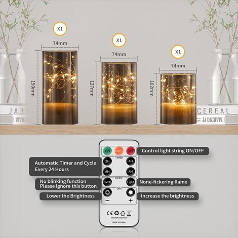 Set di 3 candele LED ricaricabili, 1000 mAh, lucine con telecomando, candele LED decorative, candele senza fiamma per feste, decorazioni per la casa, matrimoni - Grigio (1/4)