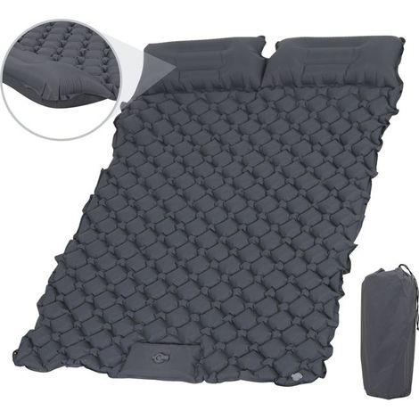 Matelas gonflable camping 2 personnes - Tapis de couchage autogonflant avec pompe a pied - 2 oreillers et sac de transport - Gris (1/5)