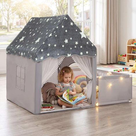 Pour enfants : cabane de jeu 2-en-1 facile à monter, avec tapis, fenêtre arrière et rideau enroulable (1/4)