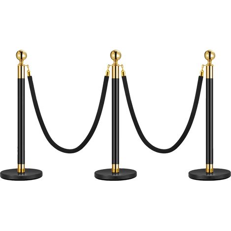 Set di barriere per il controllo della folla, realizzate in resistente acciaio inossidabile, con corde in velluto, Oro Nero - 3 Pali 2 Corde (1/2)
