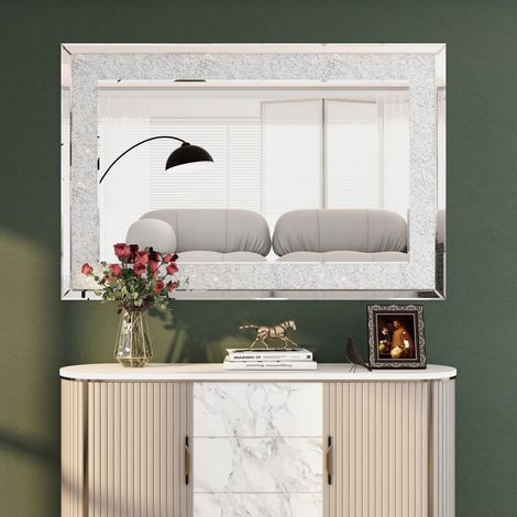 Miroir Mural Rectangulaire de Luxe avec Bordure en Miroir Argenté et Diamants Brisés - Design Artistique pour Décoration Intérieure Élégante (1/5)