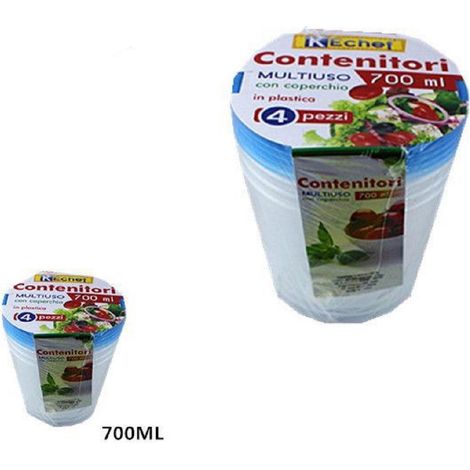 TrAdE Shop Traesio - Set 4 Pezzi Contenitori Multiuso Tondo Con Coperchio In Plastica 700 Ml Cucina -
