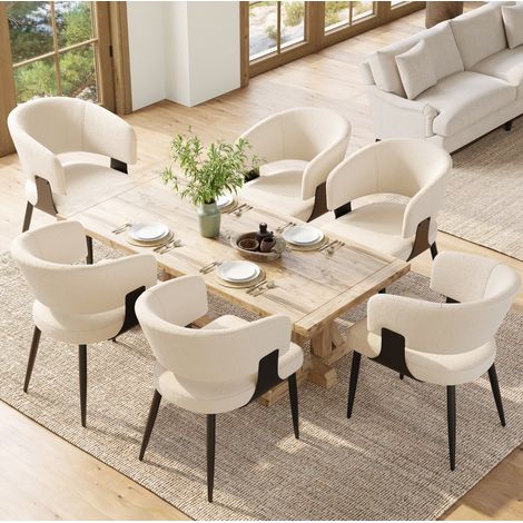 Esszimmerstuhl aus Flanellstoff und Metall in Beige, ergonomische gebogene Rückenlehne, 59x46,5x81,5 cm (1/5)