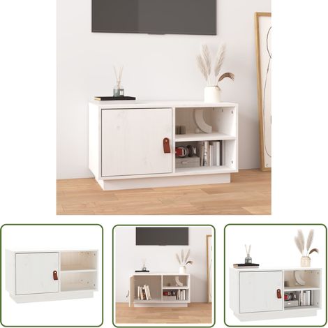 The Living Store Meuble TV Blanc 70x34x40 cm Bois de pin massif - Meubles Tv - Meuble Tv - Support Tv - Unité Tv - Meuble Bois (1/5)