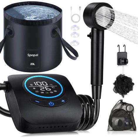 Camping Douche Portable, [Imperméable] Kit Douche de Camping,Rechargeable,8000mAh, avec Seau Pliable 20L,Afficheur Intelligent et Pomme de Douche 5 Modes pour Extérieure,Camping