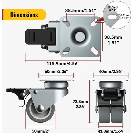 Schwerlast-Möbelrollen (50 mm) mit Sicherheitsbremse für hohe Belastungen, Gesamttragfähigkeit 400 kg (2 mit Bremse und 2 ohne) (1/5)