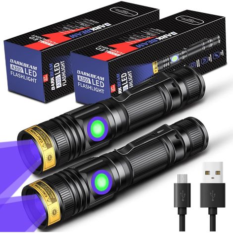 Lampe Torche UV Lamp Lumière Noire 365nm et 395nm rechargeable Lampe de Wood Ultraviolette, Portable Mini LED avec clip, Détecteur d'urine de chat, ambré, verre d'uranium, résine, Lot de 2 (1/5)
