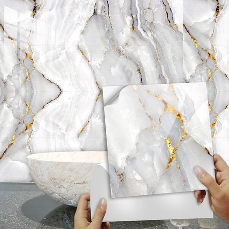 Adhesive pour Cuisine 20X20cm Marbre Doré Stickers Cuisine Stickers Muraux Cuisine Carrelage Adhesif Mural Stickers Salle de Bain Dalle Pvc Adhesive Murale (16 Pièces) (1/5)