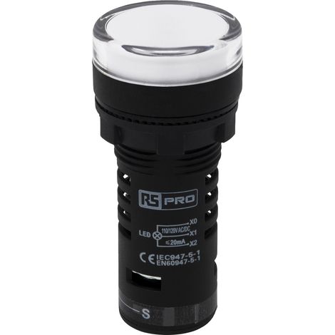 Voyant lumineux complet avec circuit de test LED RS PRO Blanc 120 V c.a./c.c., Ø découpe 22mm, IP65 ( Prix pour 1 ) (1/4)