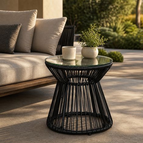 DESMIU Table d'appoint de jardin en rotin PE avec plateau en verre trempé, cadre métal, Noir, 40 × 40 × 42 cm (1/5)