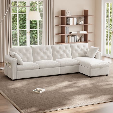 Canapé d'Angle 4 places 281x132x86 cm avec Méridienne Réversible et Coffre, Poches Latérales, Dossier Capitonné, Flanelle Beige (1/5)