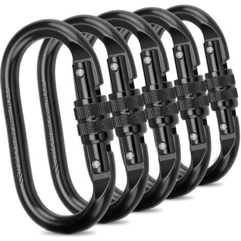 Lot de 5 Mousqueton Escalade Noir INOX - 15KN(1500KG). Mousqueton Verrouillable Carabiner Oval Steel avec Bouchon à Vis. Mousqueton Militaire Noir. Charge de 2000kg
