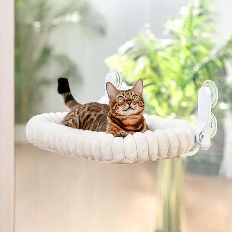 Hammock Cat Window Foldable Basket Perch Hanging Bed for Small and Large Cats with Suction Cup Support Lounger Cushion Chair Indoor Reversible Mat 54 x 30 cm (White, M)