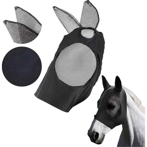 Masque Cheval Anti Mouche avec Oreilles, Protection UV Efficace en Maille Respirante, Masque de Protection pour Chevaux et Poneys, Confortable et Durable, Noir (1/5)