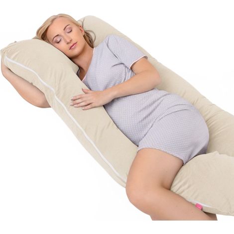 Cuscino per gravidanza in velluto a forma di U per dormire su un fianco e allattare - Beige (1/5)