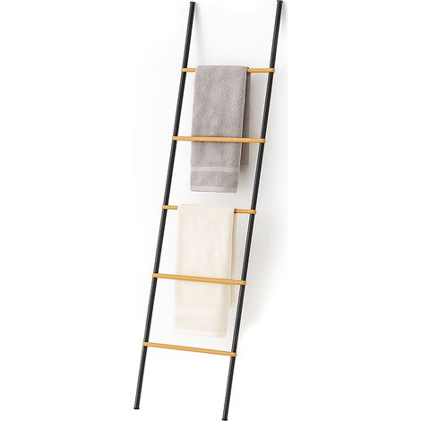 Relaxdays Towel Ladder, Bamboo & Iron, HWD: 164x45x2 cm, Decorative 5-Rung Ladder, Hand & Bath Towels, Black/Natural