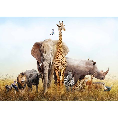 Tableau animaux de la savane chambre d'enfant | Tableau beige & bleu pour chambre de garçon | Tableau sur toile girafe & éléphant 0,7 x 0,5 m (1/2)