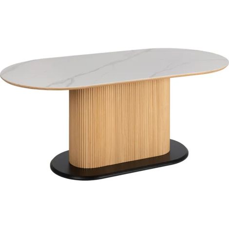 Table à manger ovale blanche 180 cm, pied rainuré central et base noire chic – INDIG (1/5)