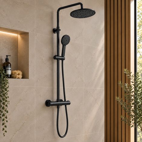 Stano. – Colonne de douche thermostatique noir mat – Acier inoxydable – Tête de douche 20 cm – Robinet en laiton massif – Douchette et flexible 150 cm (1/5)