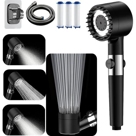 Pommeau de douche pression avec flexible 15 et support 4 modes bouton d'arrêt d'eau [Classe d'efficacité énergétique A+++] 1,5 m (1/5)