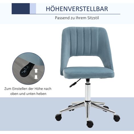 Chaise de travail réglable en hauteur pivotante bleue, revêtement velours, capacité 120 kg, pour bureau, chambre ou coiffure. (1/4)