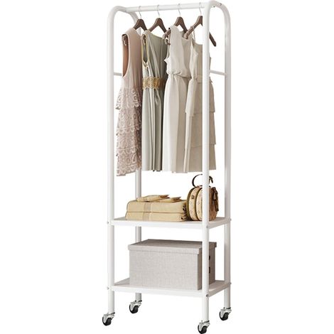 Portant à Vêtements Multifonctionnel en Métal avec Roulettes, Tringle Réglable et Étagères Doubles, Idéal pour Petits Espaces et Angles, Capacité de Charge Élevée, 49x33x172cm, Blanc