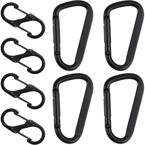 8 STK Karabinerhaken Set, Inkl 4 STK D-Clips Karabinerhaken & 4 STK S Karabiner Haken Aluminium, Metall Doppelkarabiner, Carabiner Schwarz für Camping Wandern Rucksack