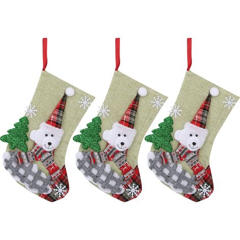 Lot de 3 chaussettes de Noël, sacs cadeaux suspendus, décoration pour sapin avec motif ours. (1/5)