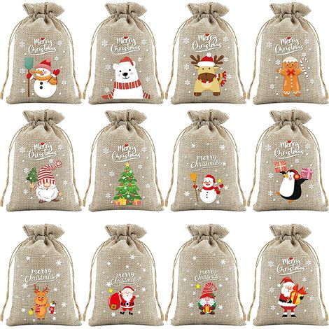 12 Stück Weihnachtsgeschenkbeutel, Weihnachts-Süßigkeitsbeutel, 10 x 15 cm Leinen-Weihnachts-Kordelzugbeutel, buntes Weihnachts-Cartoon-Muster, zum Verpacken von Süßigkeiten und Snacks (grau) (1/5)