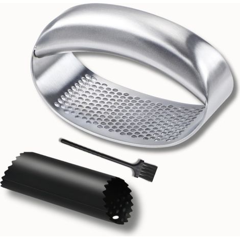 Presse Ail Inox 18/10 à Bascule Solide, Hachoir Manuel en Acier Inoxydable, Pressoir Presse Purée avec Eplucheur Silicone, Coupe Ecrase-Ail Circulaire Innovant Roulette (1/2)