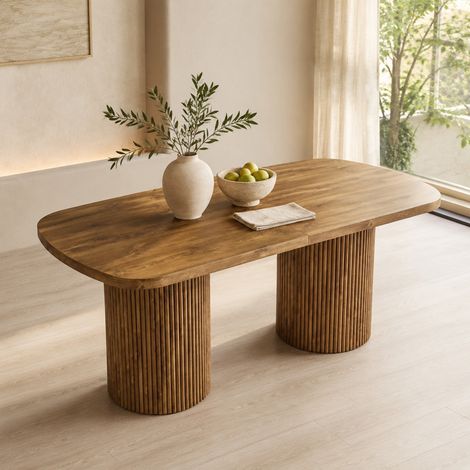 Table à manger ovale MDF décor bois, pieds cylindriques rainurés, pour 6 à 8 personnes