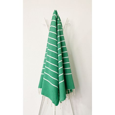 Fouta 100x200 Ibiza Vert Rayures Blanches - 100% coton - franges