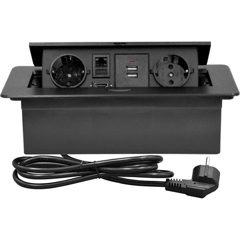 Bloc Multiprise Escamotable pour Encastrer au Bureau,Aluminium Prise Encastrable Plan de Travail 2 Prises et 2 USB A,Interface Réseau HDMI TD,Multiprise Electrique pour Cuisines,1.8M Câble (1/5)