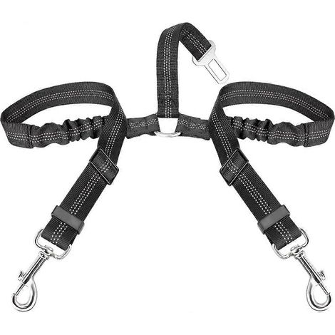 Ceinture de sécurité double pour chien, harnais de sécurité élastique réglable pour chien en voiture avec amortisseur anti-choc, système de retenue réfléchissant robuste pour chiot en voiture