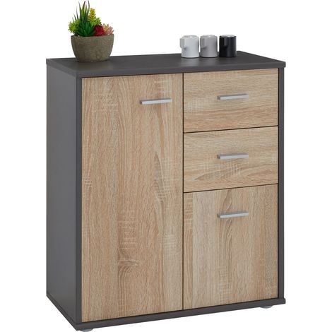 Idimex – Buffet REMY gris mat – Chêne sonoma – 2 tiroirs et 2 portes – Dimensions 70 x 60 x 30 cm – Surface résistante aux éraflures