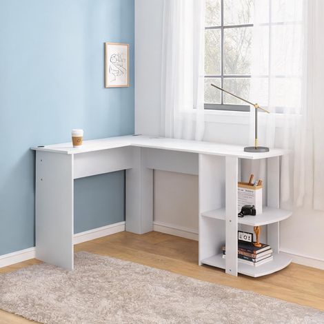 Bureau d'angle blanc avec étagères et plateau en panneaux (1/5)