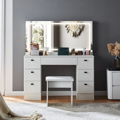 Dressing Table with Hollywood Mirror, 3 colors LED Light Vanity Table with 7 Drawers, Vanity Desk for Girls (1/5)