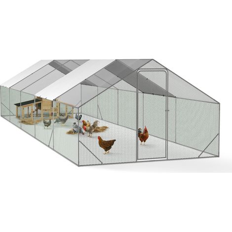 Idmarket – Enclos poulailler 30m² grillagé 10 x 3 m en acier galvanisé – Protection anti-prédateurs – Bâches imperméables et anti-UV
