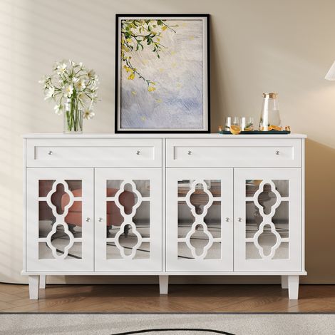 Eifson – Buffet 140 cm avec 4 portes miroir – 2 tiroirs spacieux – étagères réglables – MDF haute qualité – poignées en cristal – blanc (1/5)