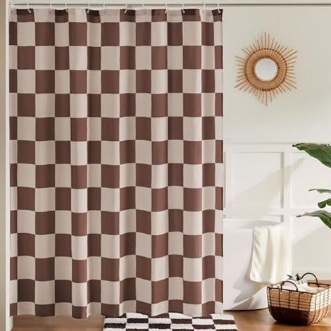 Rideau de douche à carreaux kaki beige pour salle de bain, joli rideau de douche rétro à carreaux vintage esthétique, rideau de bain en tissu lavable 183 x 183 cm (1/4)