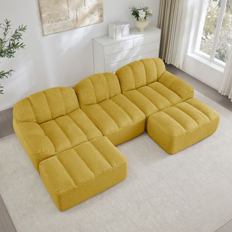 Canapé d'angle en L,canapé modulaire 3 places sans structure avec 2 Pouf,Coussins Profonds,Forme Coquillage,Polaire granuleuse(jaune) (1/5)