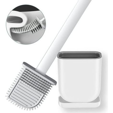 Brosse de toilette en silicone avec support pour cuvette de toilette avec poils en silicone Brosses de toilette flexibles pour brosse de nettoyage de salle de bain (Blanc) (1/4)