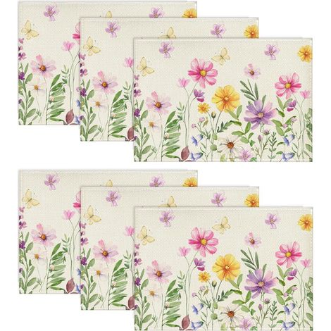 Lot de 6 sets de table - Motif : fleurs et papillons - Décoration intérieure - Vacances - Décoration de fête - 30 x 45 cm